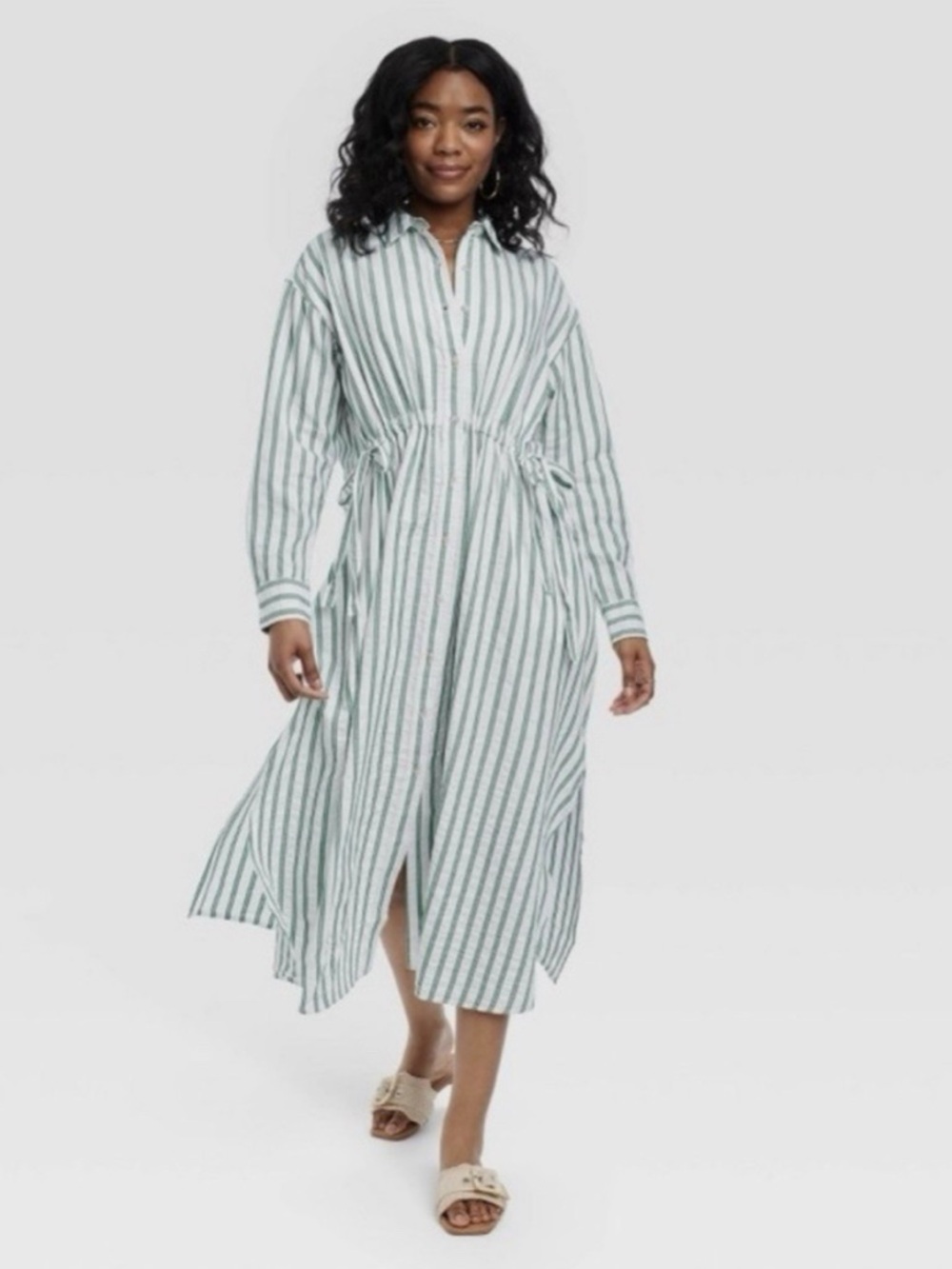 Large Striped Button-Front Maxi Shirt Dress in Green and White